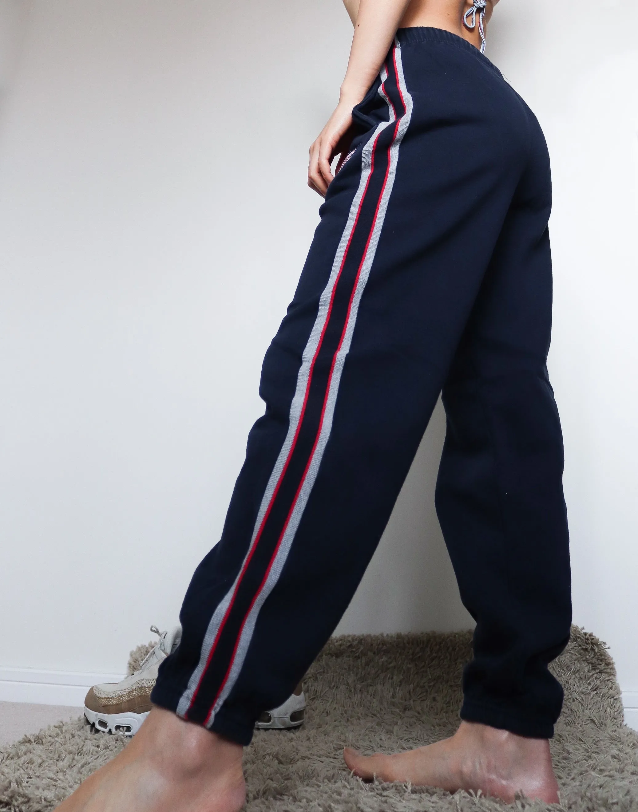 90s Y2K 00s VINTAGE BLUE NAVY NYC JOGGER SIDE STRIPES SPORTY COMFY PANTS TROUSERS