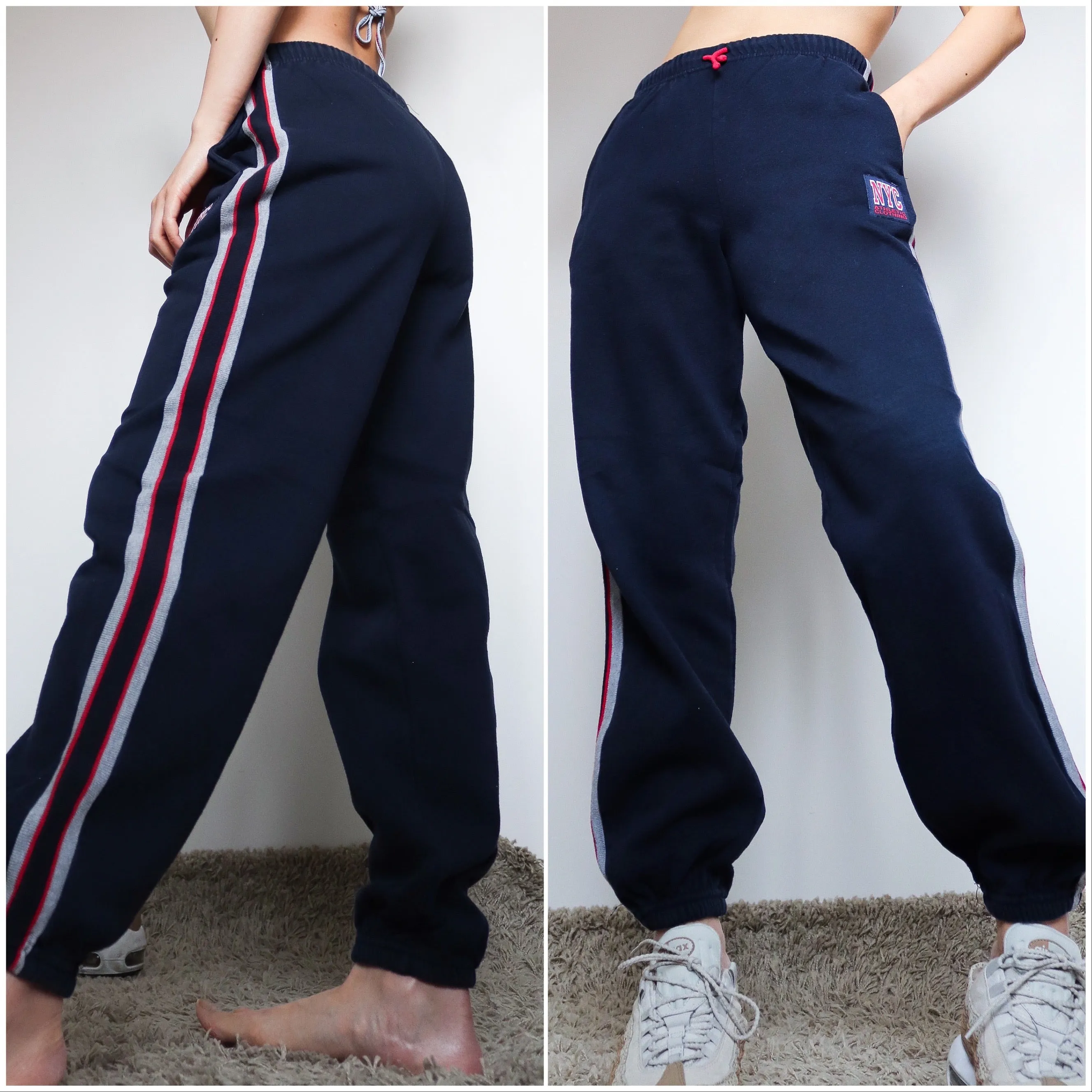 90s Y2K 00s VINTAGE BLUE NAVY NYC JOGGER SIDE STRIPES SPORTY COMFY PANTS TROUSERS