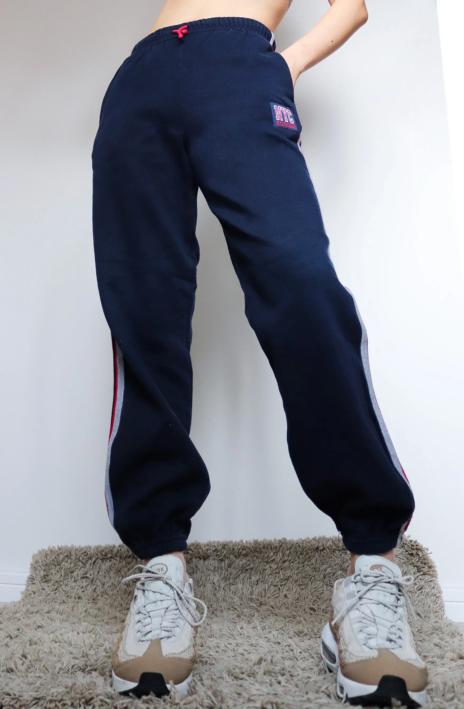 90s Y2K 00s VINTAGE BLUE NAVY NYC JOGGER SIDE STRIPES SPORTY COMFY PANTS TROUSERS