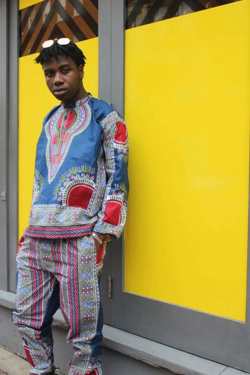 African Clothing - Blue Dashiki Trousers in African Wax Print