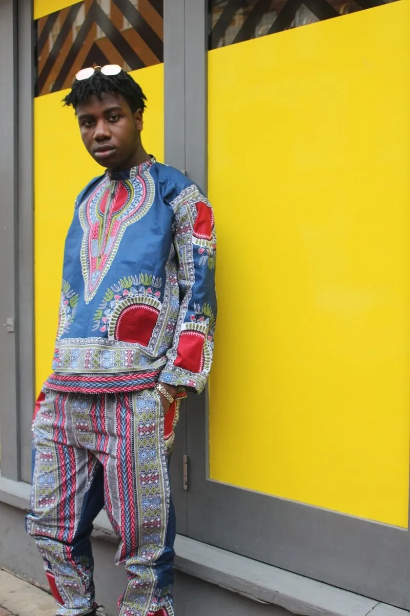 African Clothing - Blue Dashiki Trousers in African Wax Print