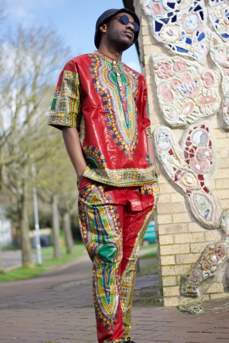 African Dashiki Suit in Red African Print - Festival Clothing