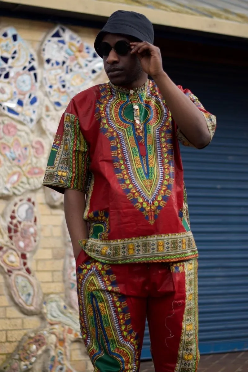 African Dashiki Suit in Red African Print - Festival Clothing