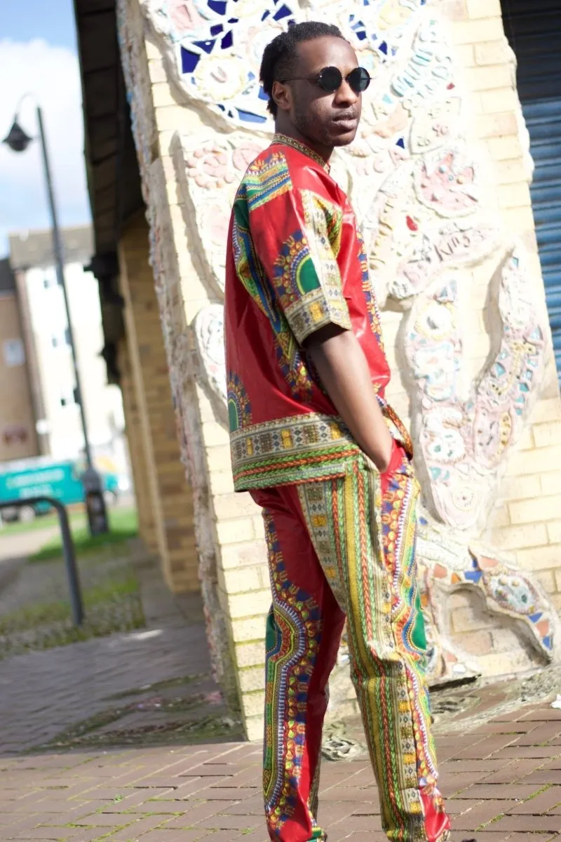 African Dashiki Suit in Red African Print - Festival Clothing