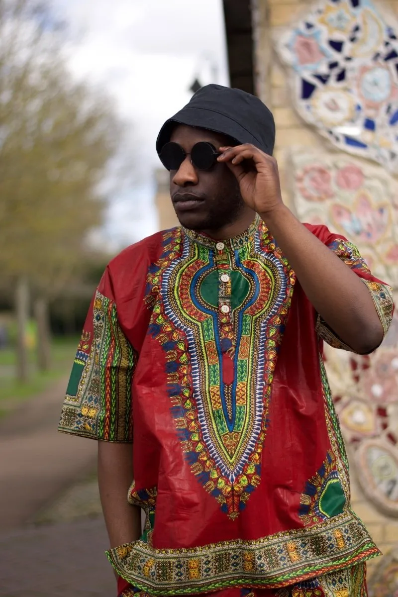 African Dashiki Suit in Red African Print - Festival Clothing