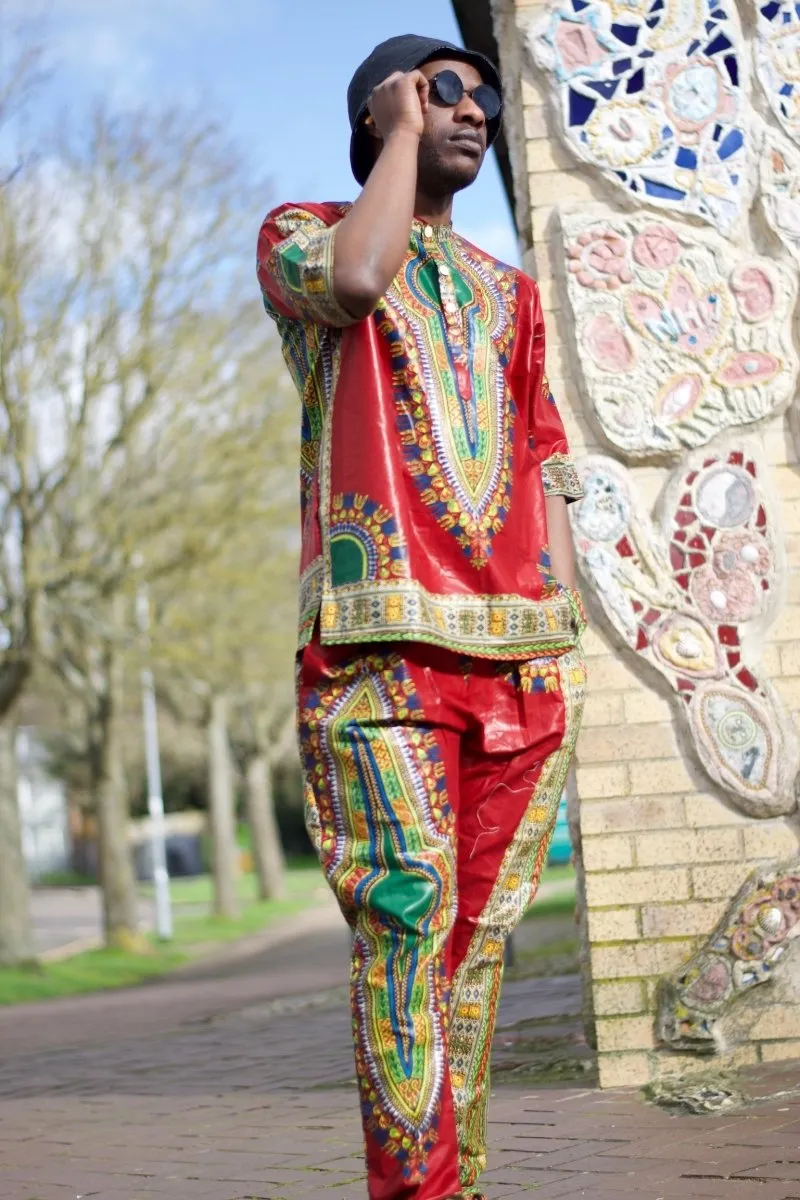 African Dashiki Suit in Red African Print - Festival Clothing