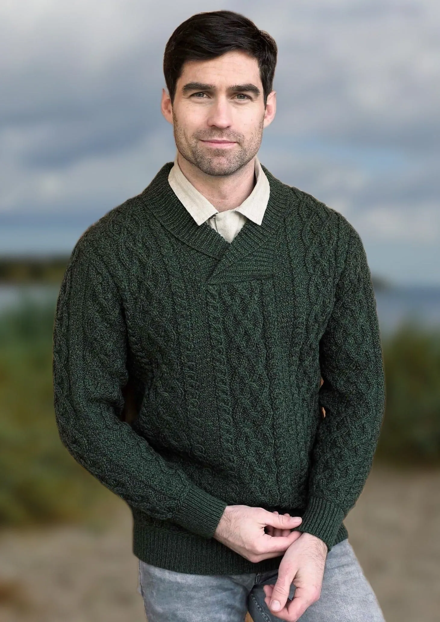 Aran Bunratty Shawl Collar Sweater | Green