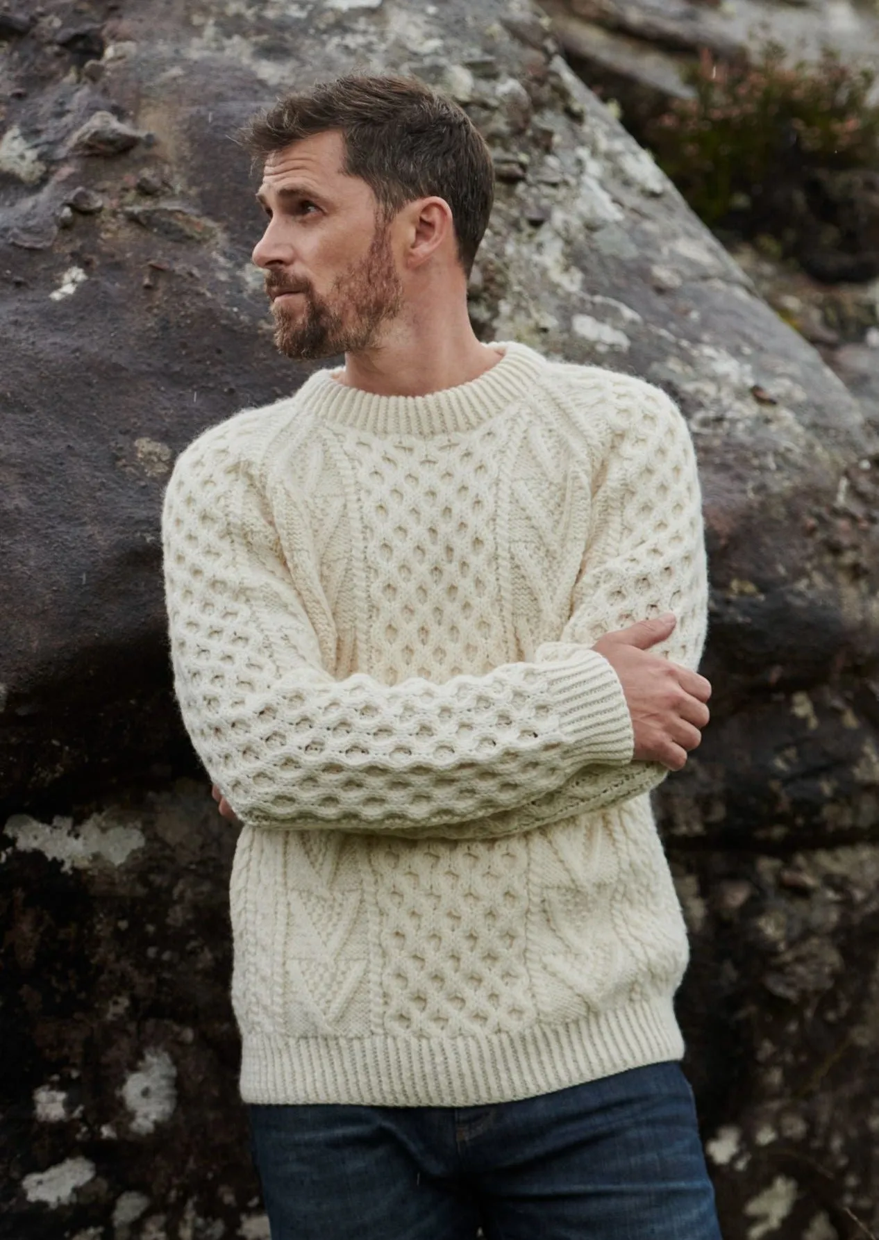 Aran Handknit Crew Neck Sweater | Natural