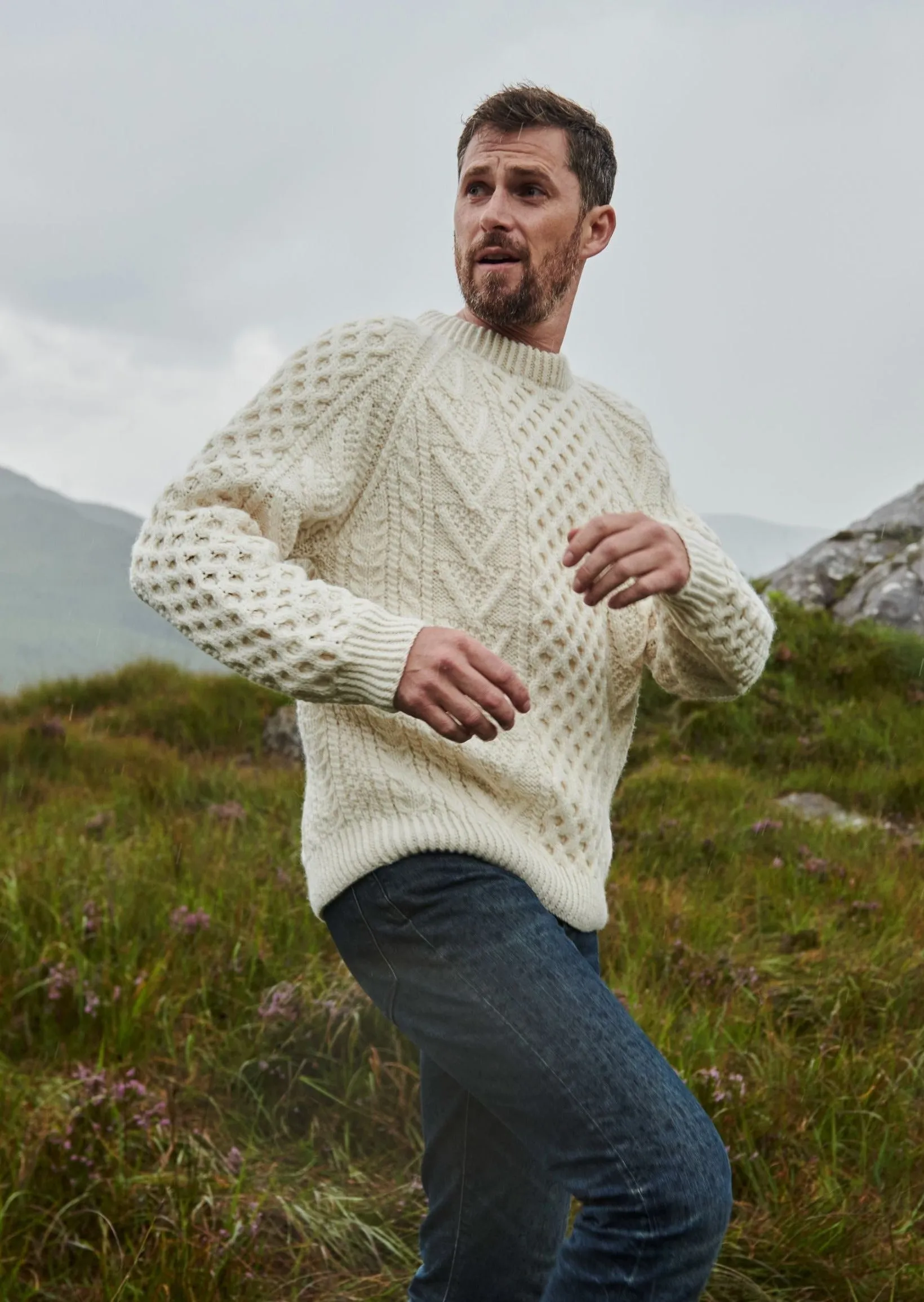 Aran Handknit Crew Neck Sweater | Natural