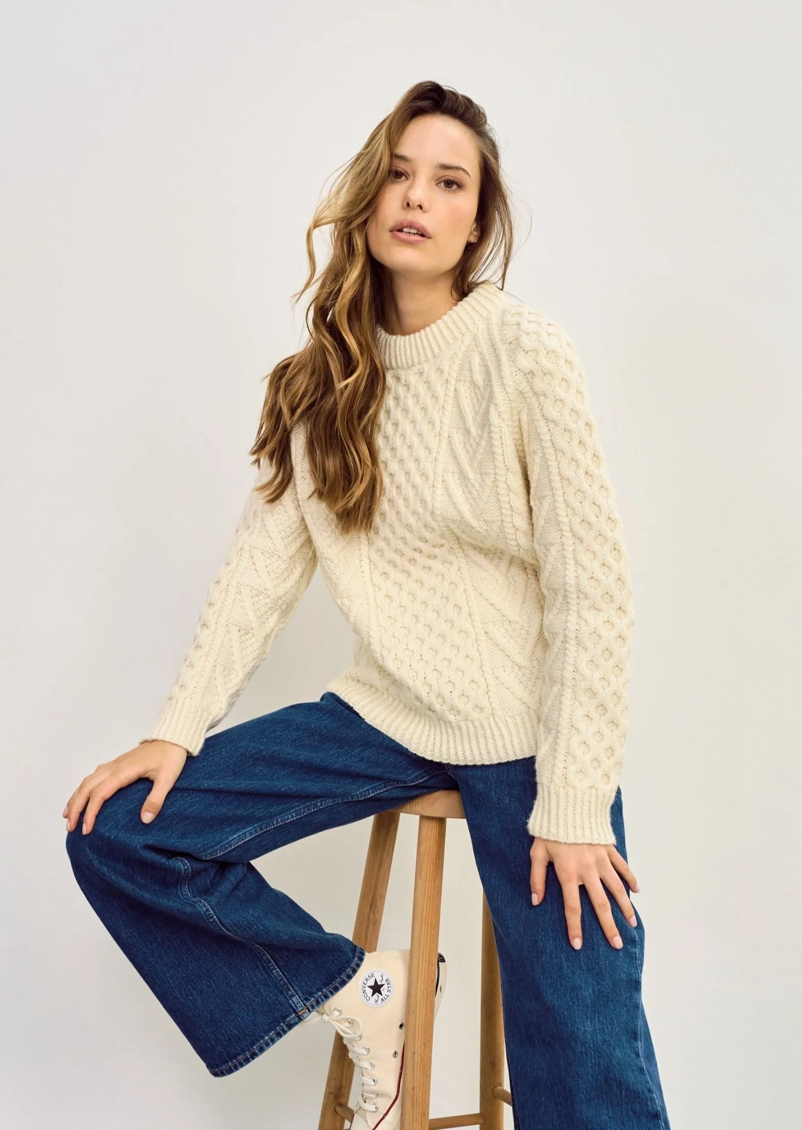 Aran Handknit Crew Neck Sweater | Natural