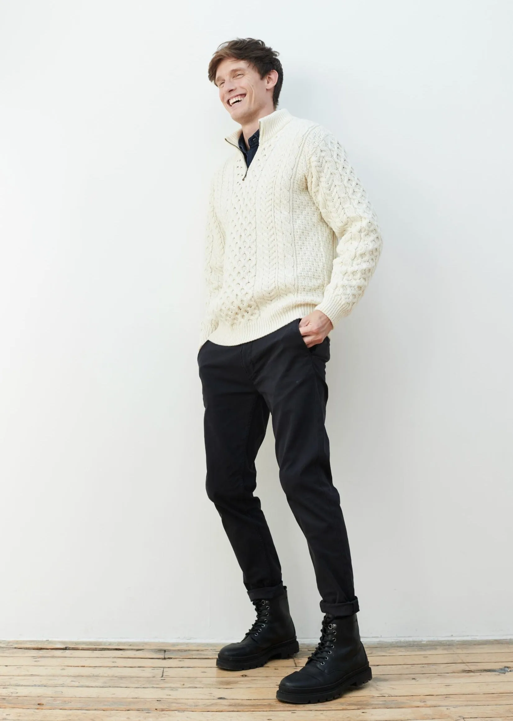 Ballycroy Mens Aran Half Zip Sweater | Natural