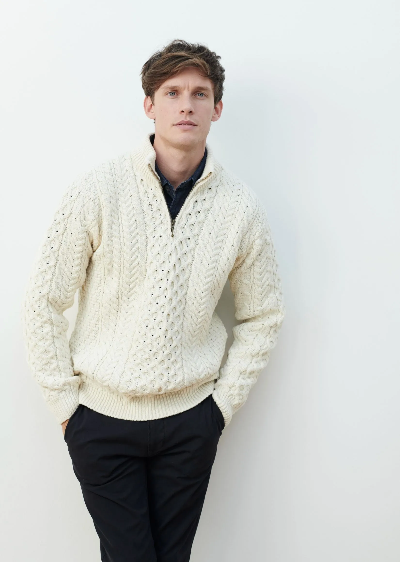 Ballycroy Mens Aran Half Zip Sweater | Natural