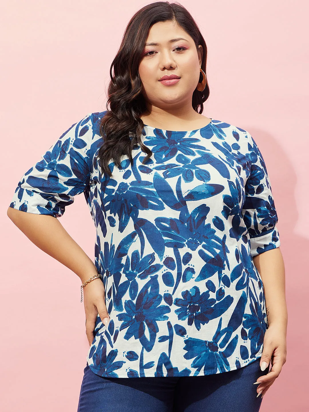 Berrylush Women Plus Size White & Navy Blue Floral Printed Round Neck Woven Cotton Regular Top