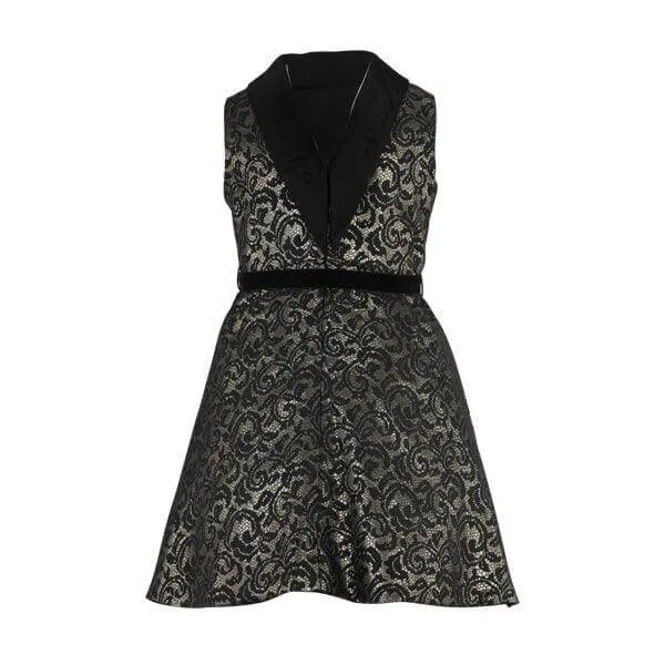 BLACK AND GOLD SLEEVELESS DAMASK DRESS