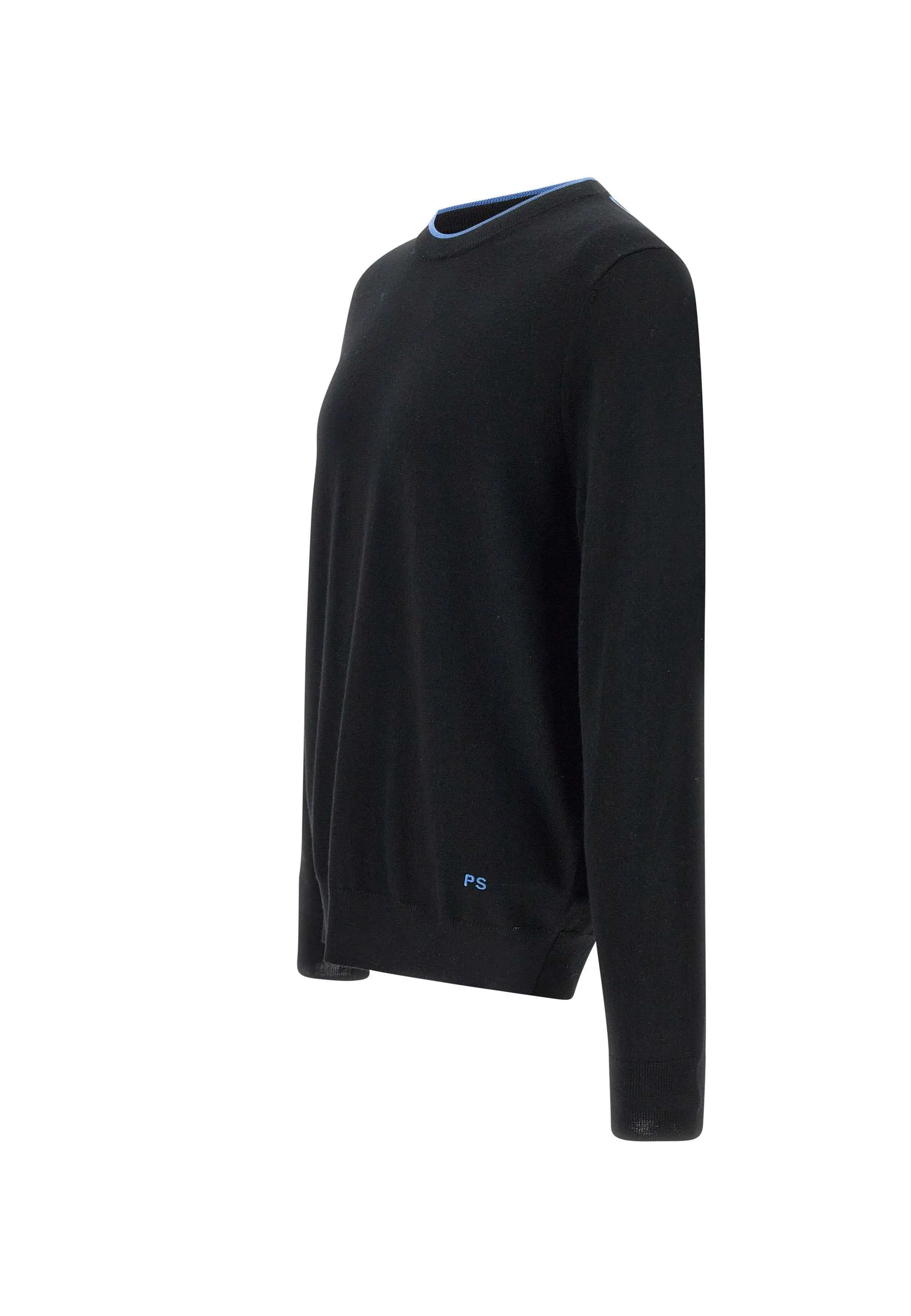 Black Wool Pullover with Blue Piping