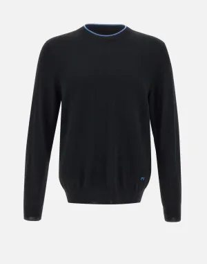 Black Wool Pullover with Blue Piping