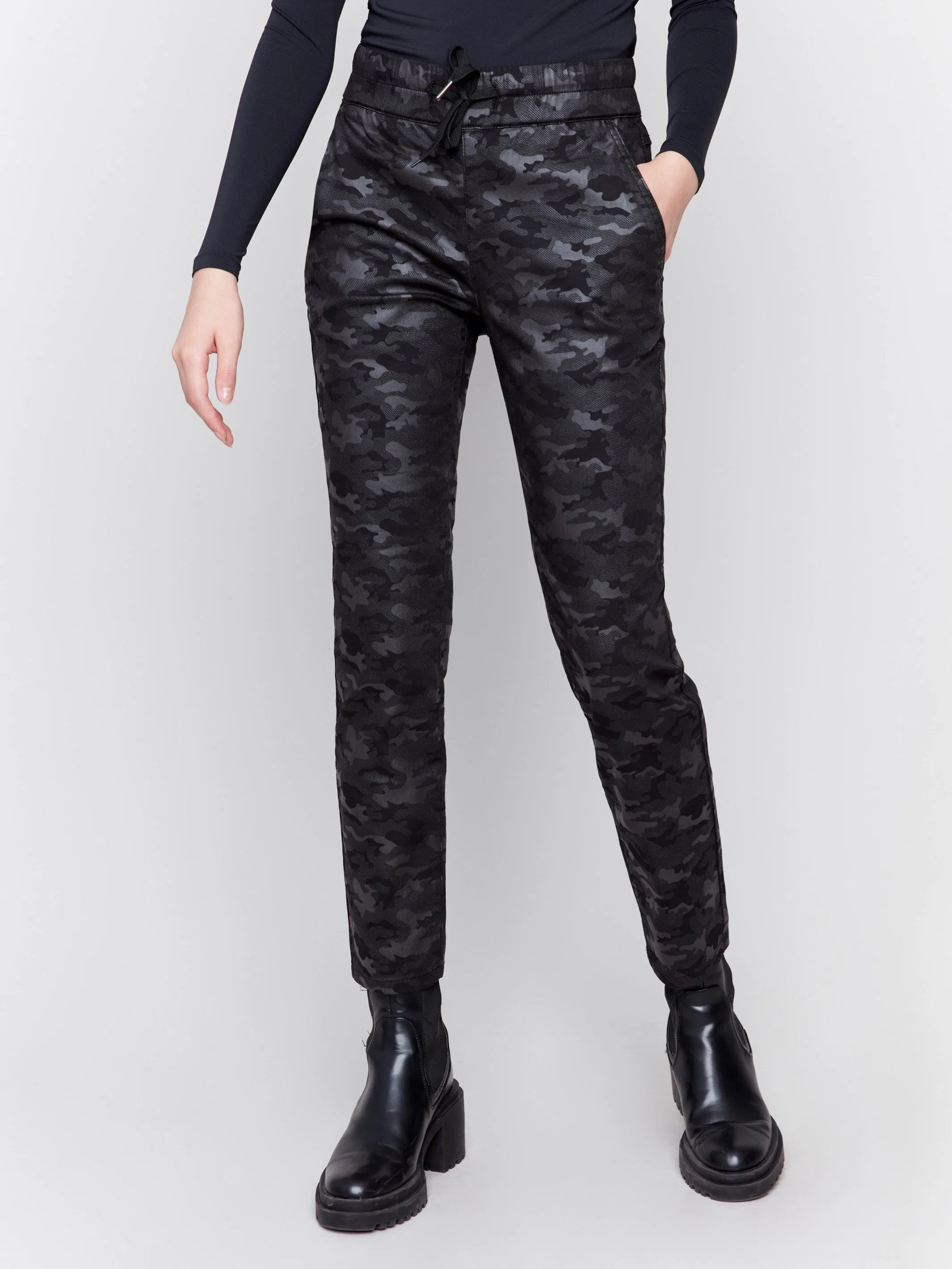 Camo Print Ponte Jogger Pants - Black