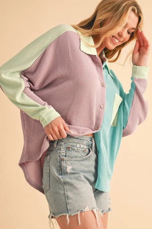 Color Block Crinkle Rib Buttoned Oversized Shirt