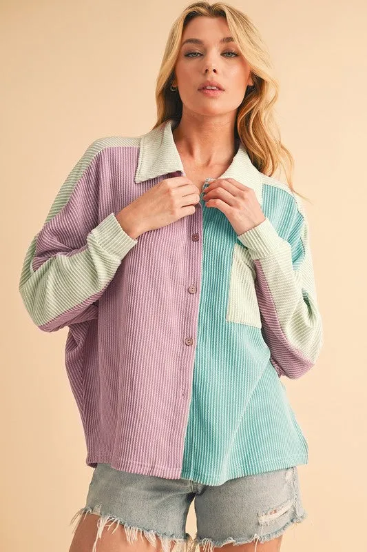 Color Block Crinkle Rib Buttoned Oversized Shirt