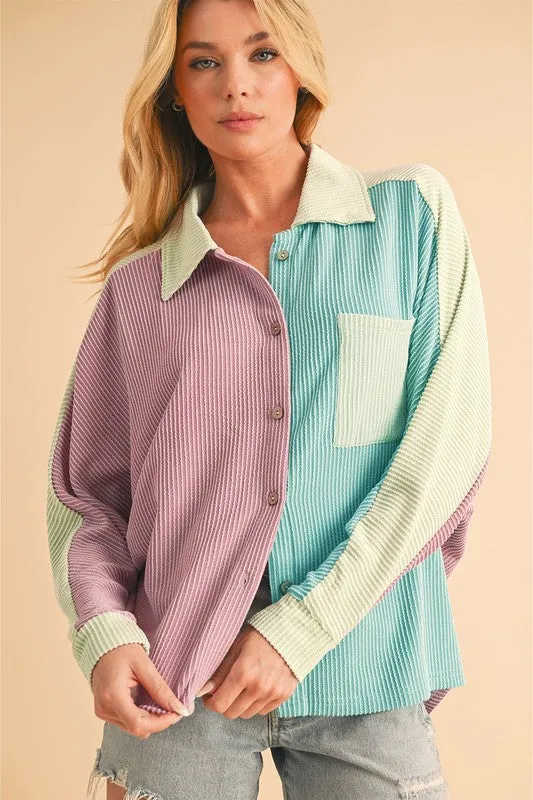 Color Block Crinkle Rib Buttoned Oversized Shirt