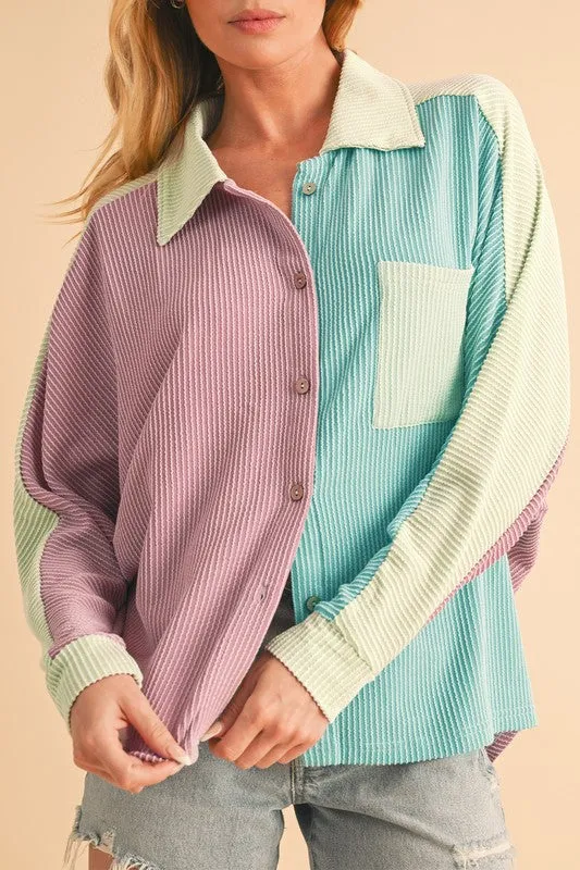 Color Block Crinkle Rib Buttoned Oversized Shirt