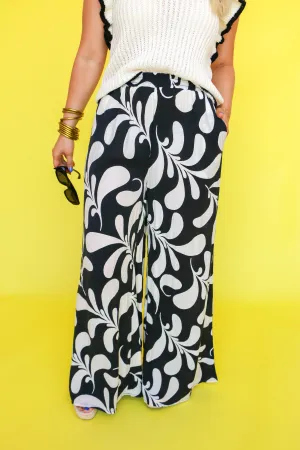 Crinkled Print Palazzo Wide Leg Pants in Black