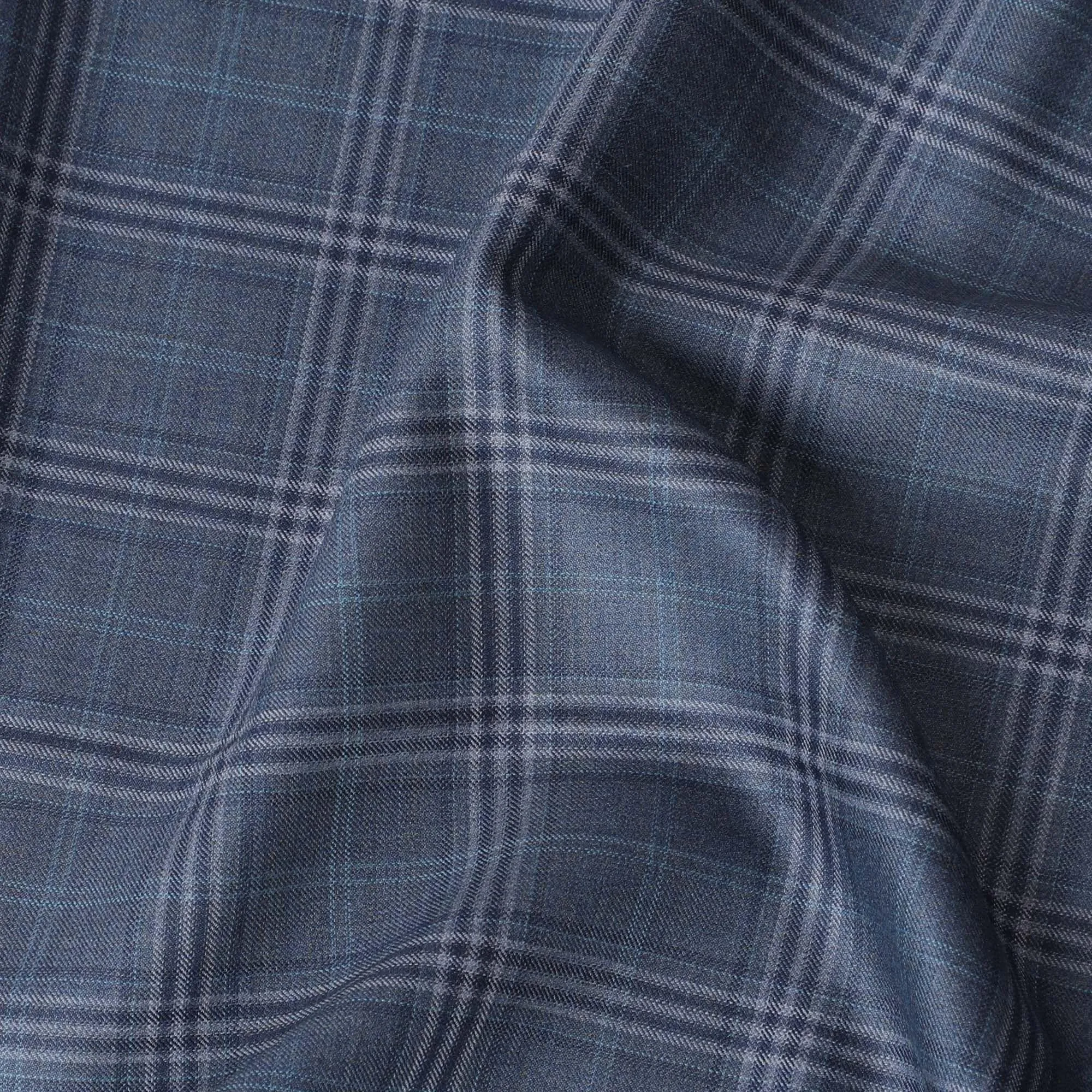 Denim blue Premium pure Italian Super 130's all wool suiting fabric with blue and grey checks design-D14803