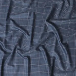 Denim blue Premium pure Italian Super 130's all wool suiting fabric with blue and grey checks design-D14803