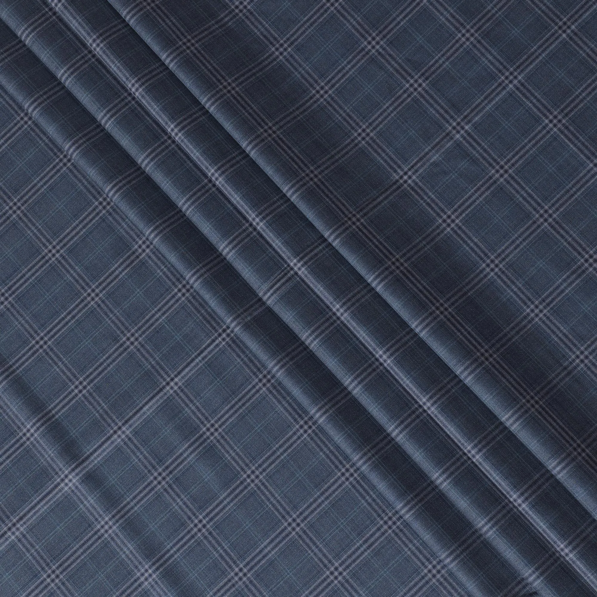 Denim blue Premium pure Italian Super 130's all wool suiting fabric with blue and grey checks design-D14803