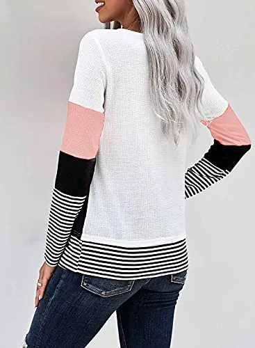 Dokotoo Women Sweaters Ladies Casual Long Sleeve Crew Neck Color Block Knit Sweater Jumper Tops Pullover Sweatshirts Fashion Knitted Tops Autumn Winter,US(12-14),Pink