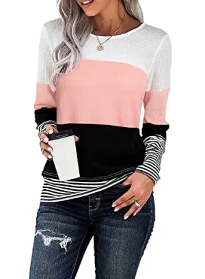 Dokotoo Women Sweaters Ladies Casual Long Sleeve Crew Neck Color Block Knit Sweater Jumper Tops Pullover Sweatshirts Fashion Knitted Tops Autumn Winter,US(12-14),Pink