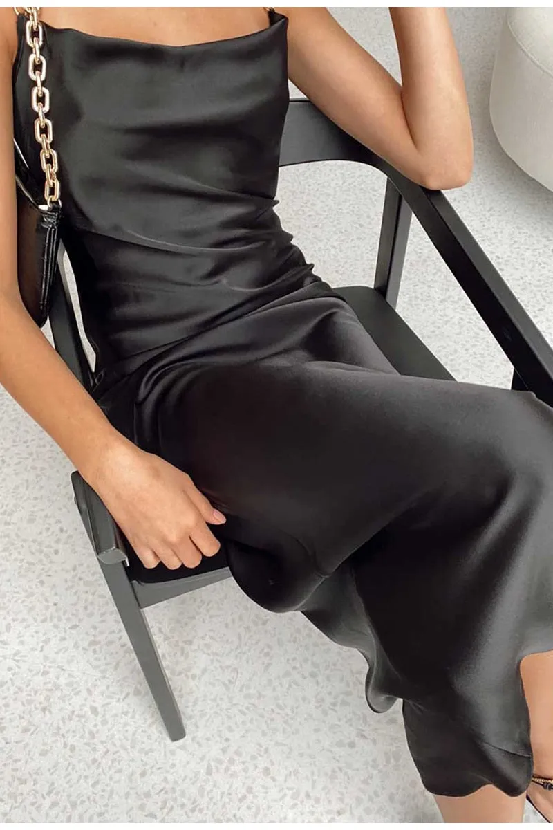 Elegant Chain Strap Stylish Square Neck Black Party Dress