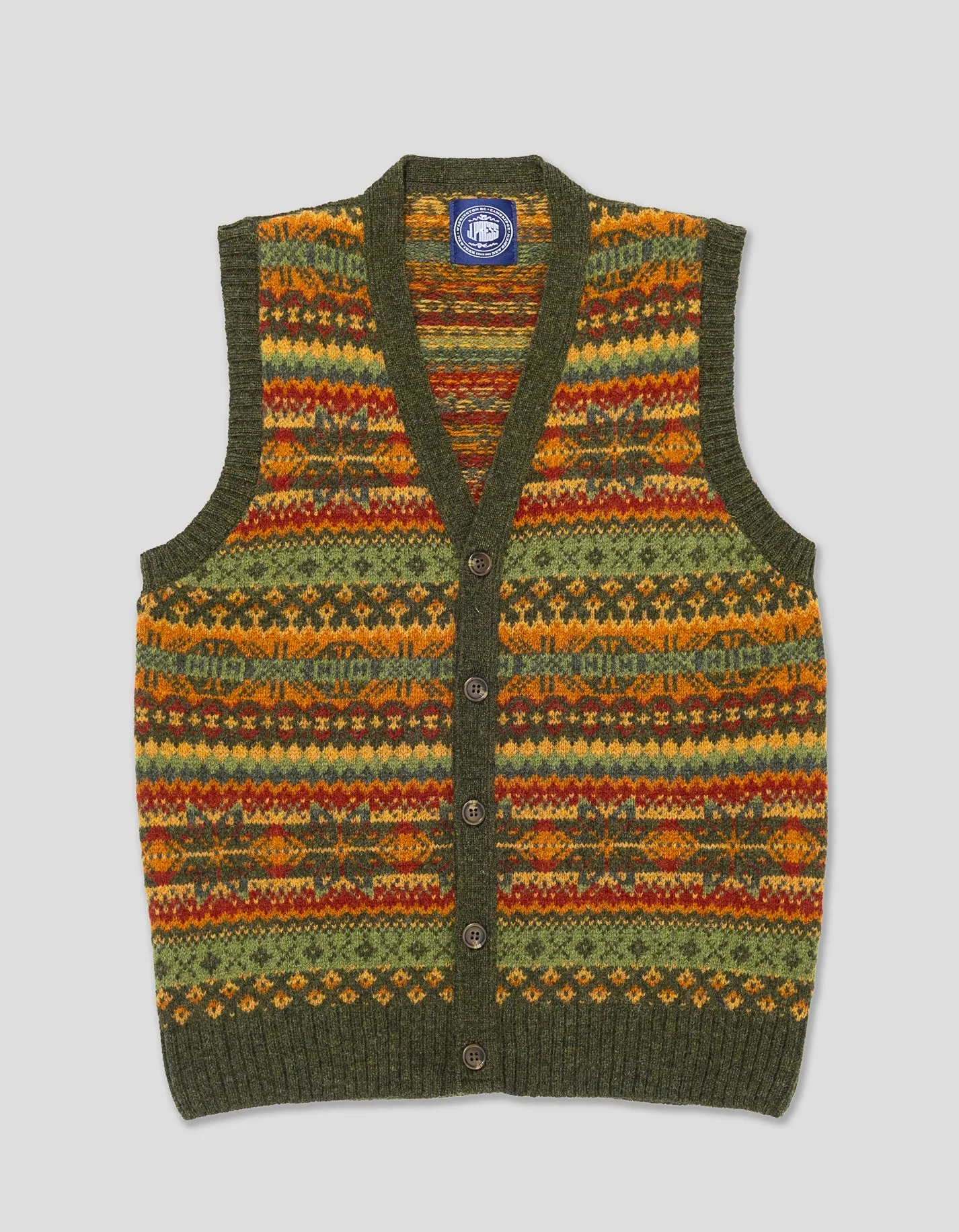 FAIR ISLE V-NECK VEST CARDIGAN - OLIVE