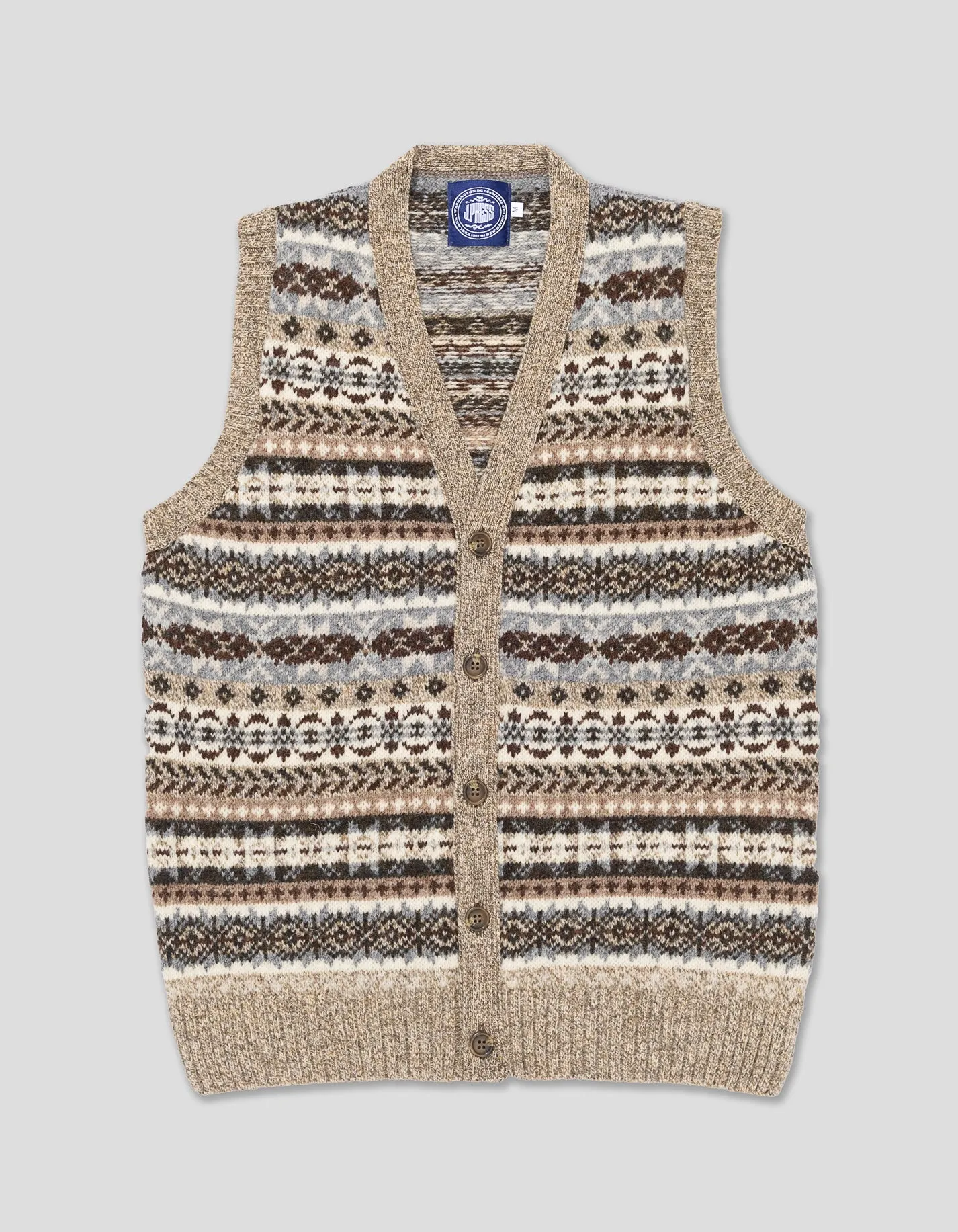 FAIR ISLE V-NECK VEST CARDIGAN - TAN