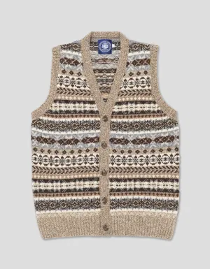 FAIR ISLE V-NECK VEST CARDIGAN - TAN