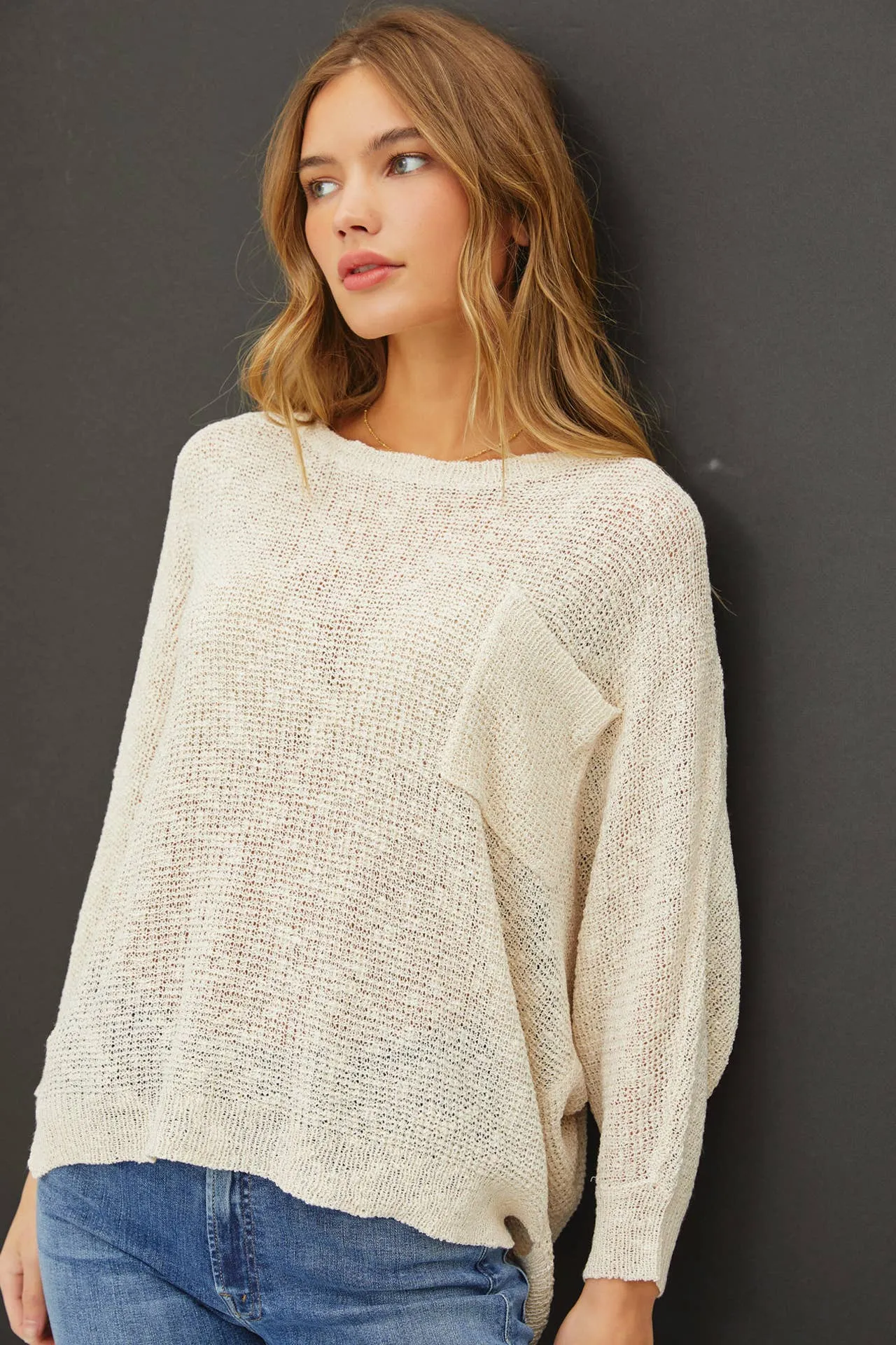 FRONT POCKET DOLMAN LONG SLEEVE KNIT SWEATER