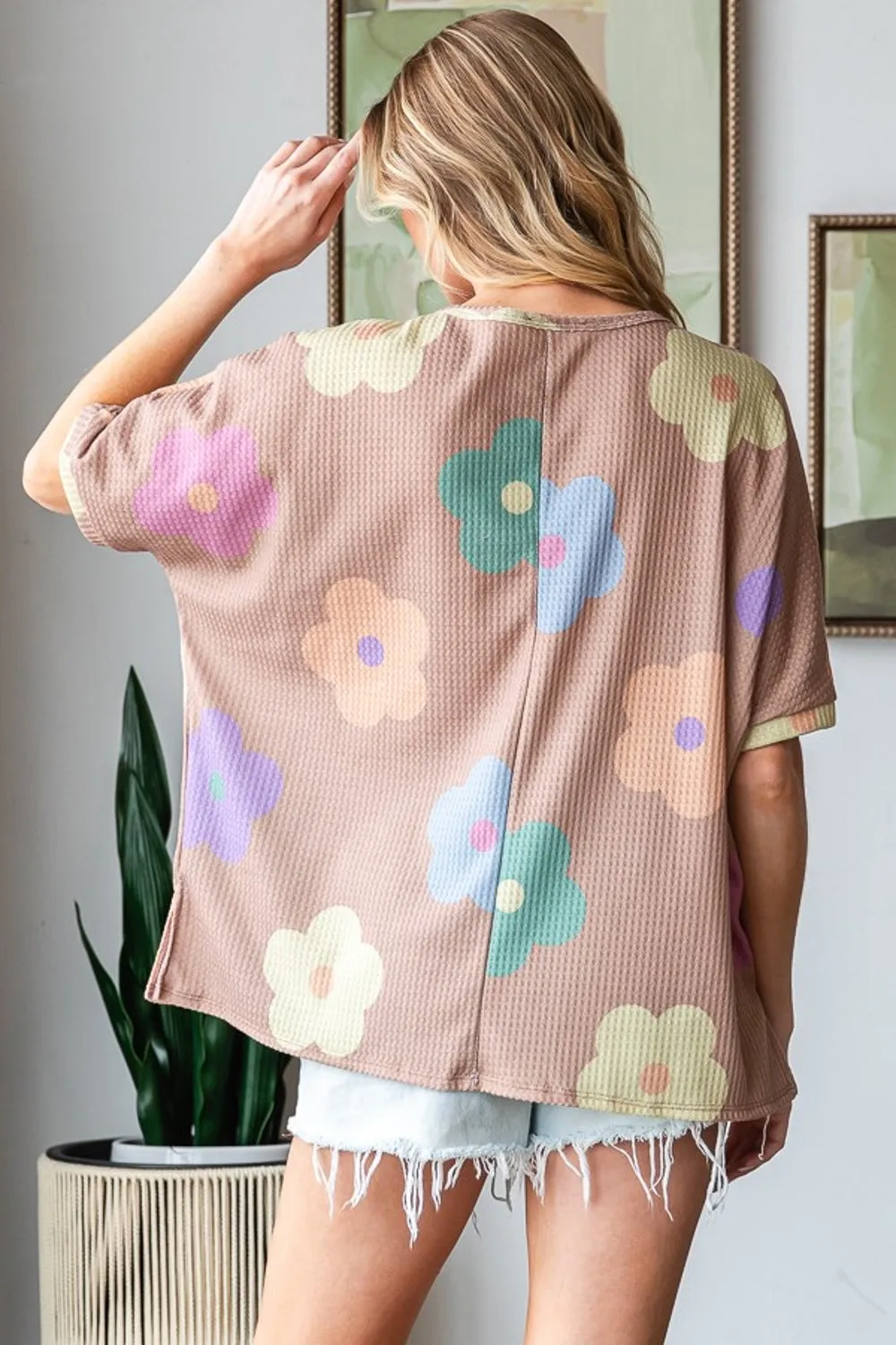 Full Size Floral Round Neck Side Slit Waffle T-Shirt