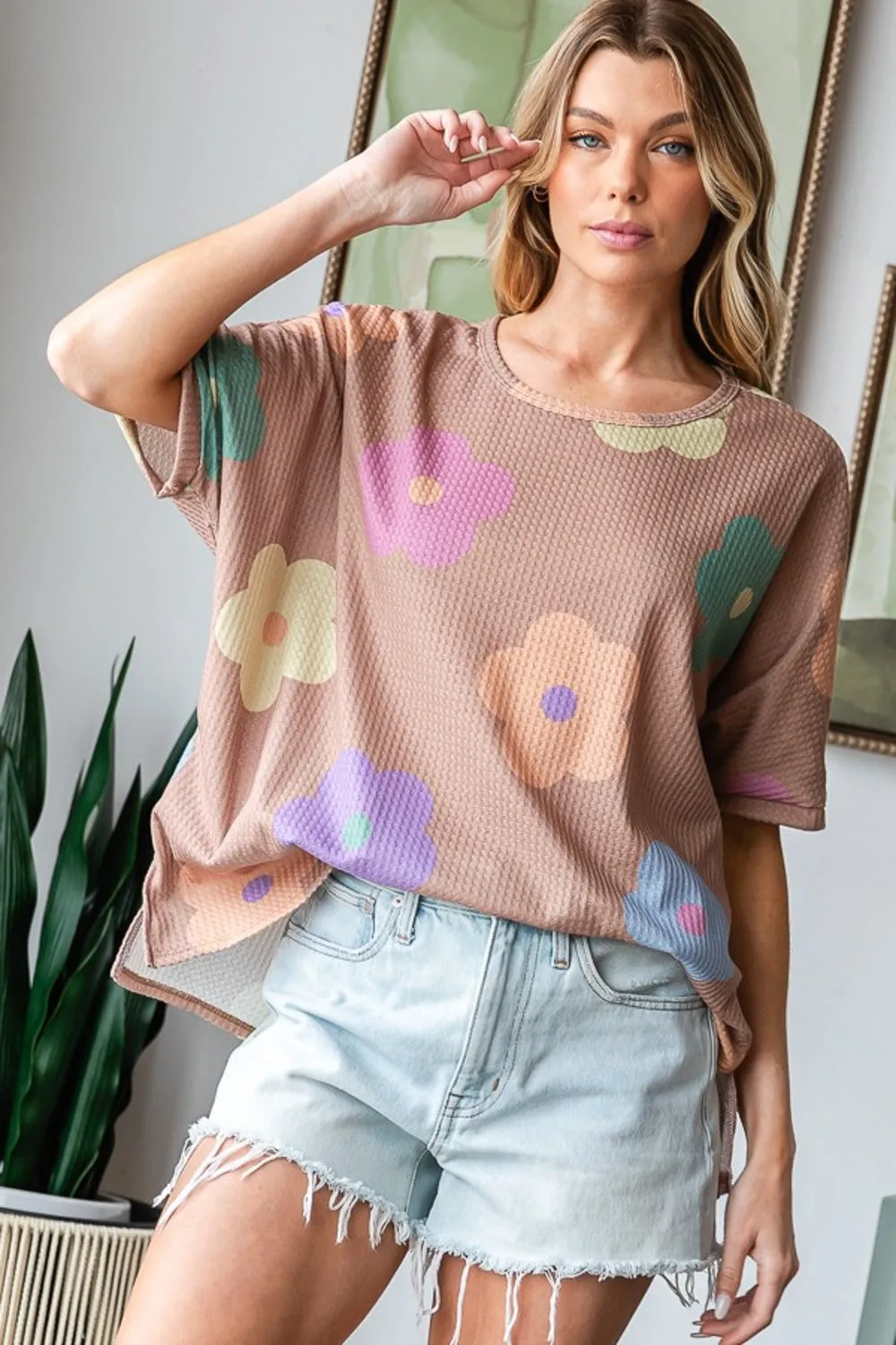 Full Size Floral Round Neck Side Slit Waffle T-Shirt