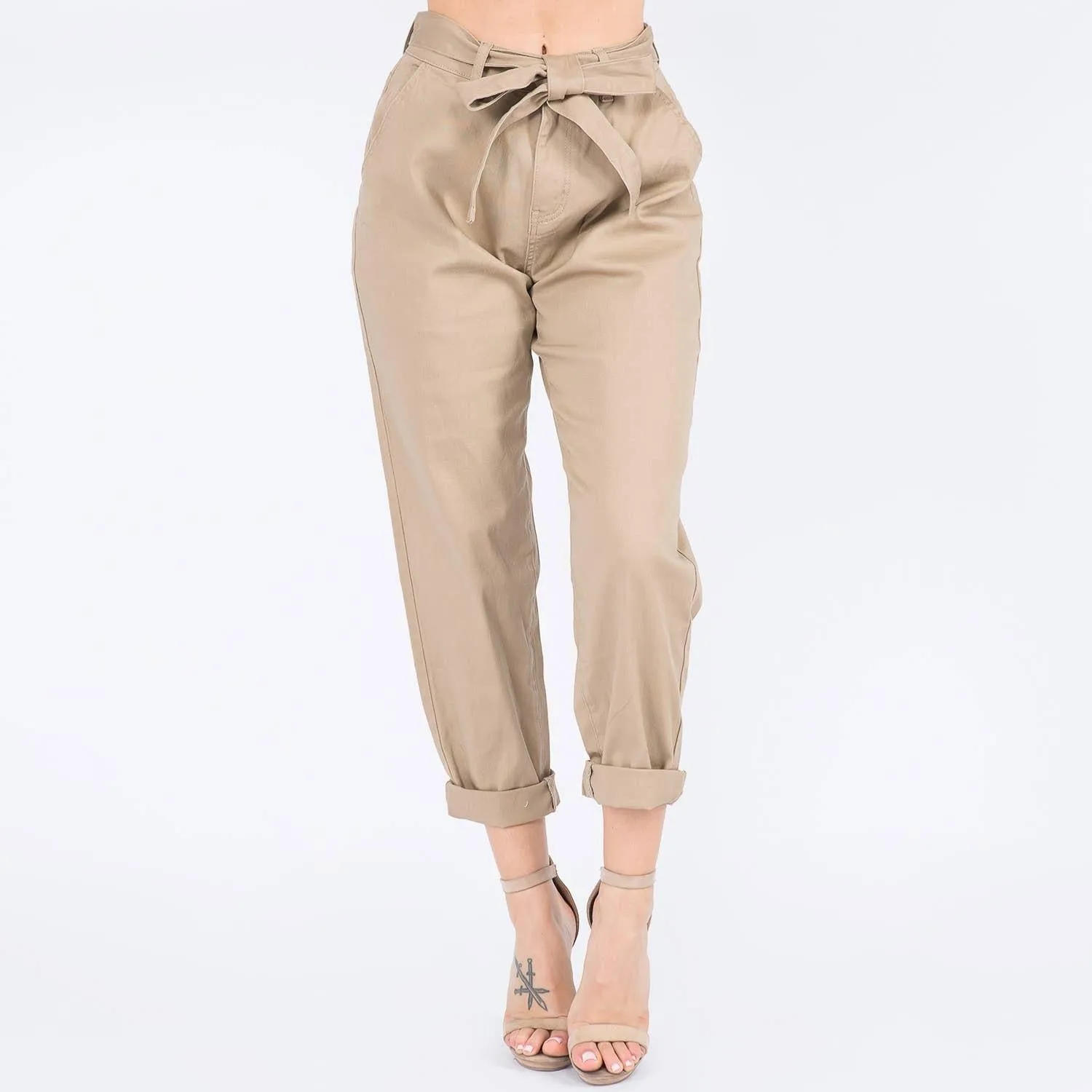 Khaki High Waist Tie Pants