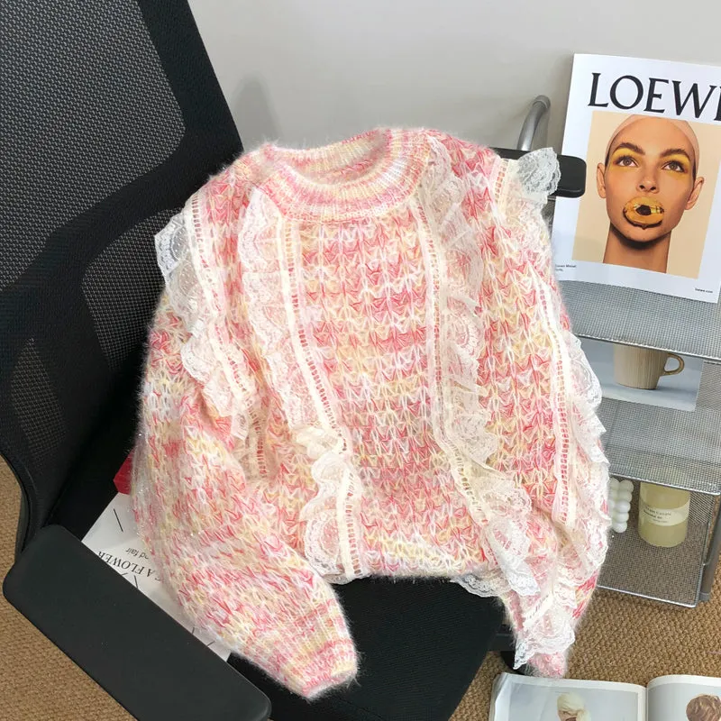 Lace Patchwork Tie-dye Soft Sweater