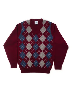 LAMBSWOOL ARGYLE V NECK SWEATER - BURGUNDY/BLUE