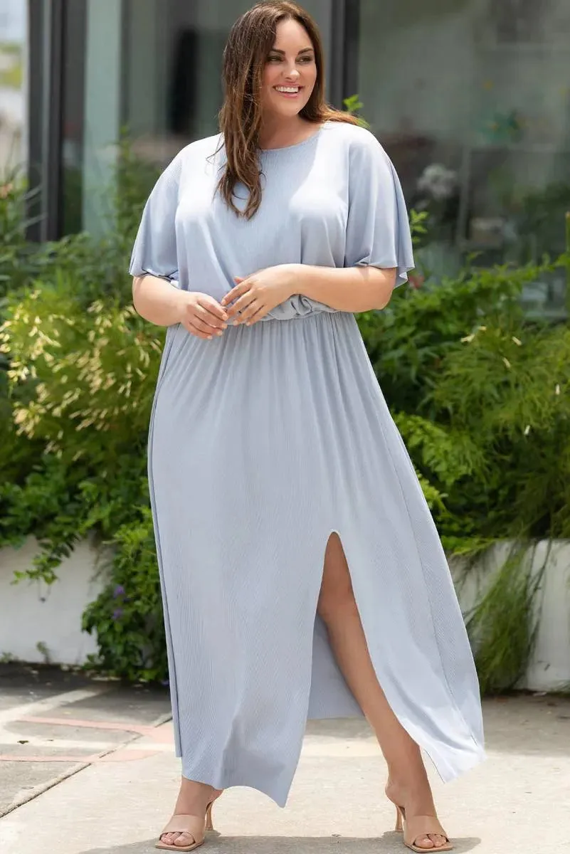 Light Blue Plus Size Rib Knit Maxi Dress with Slit – Perfect for Summer