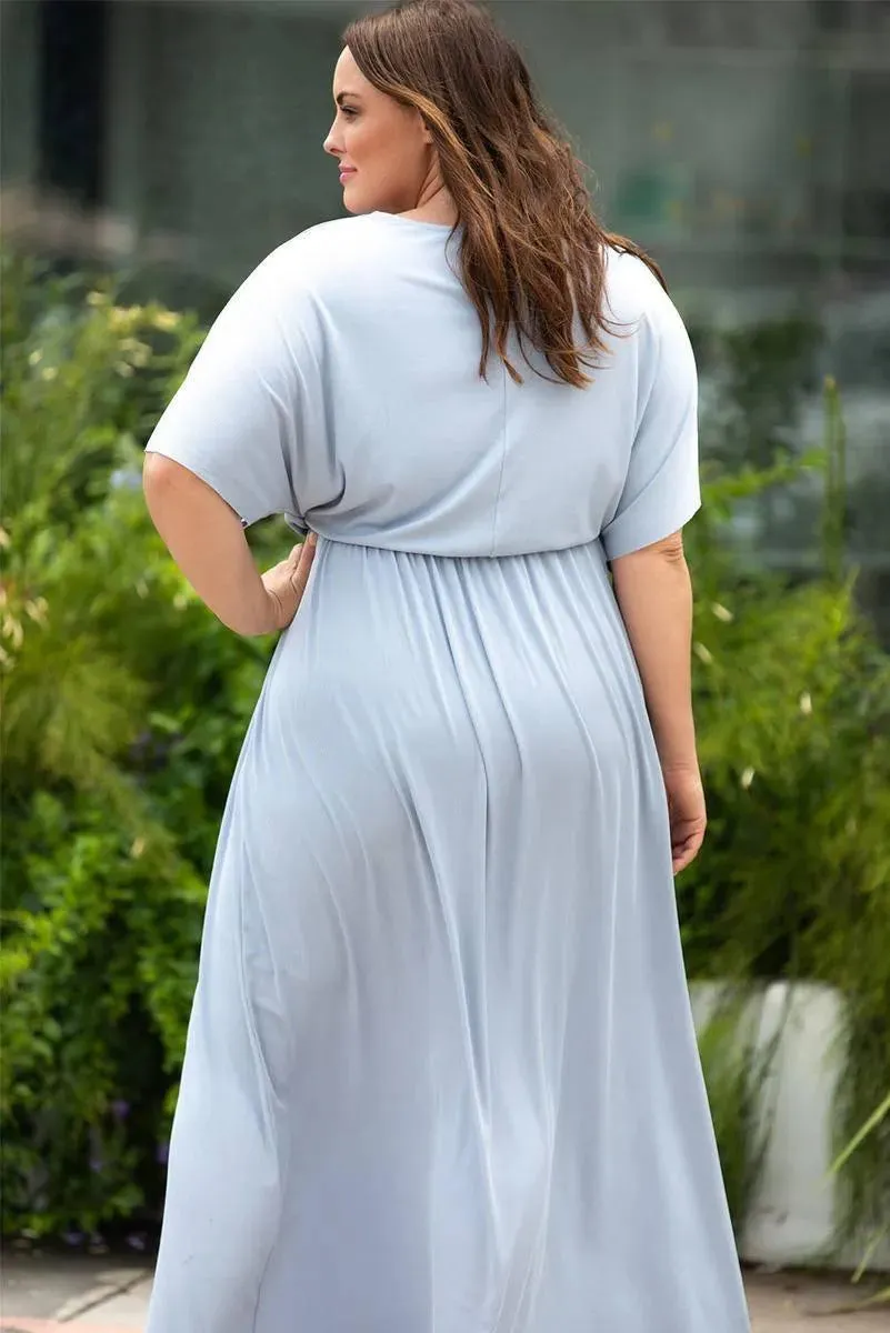 Light Blue Plus Size Rib Knit Maxi Dress with Slit – Perfect for Summer