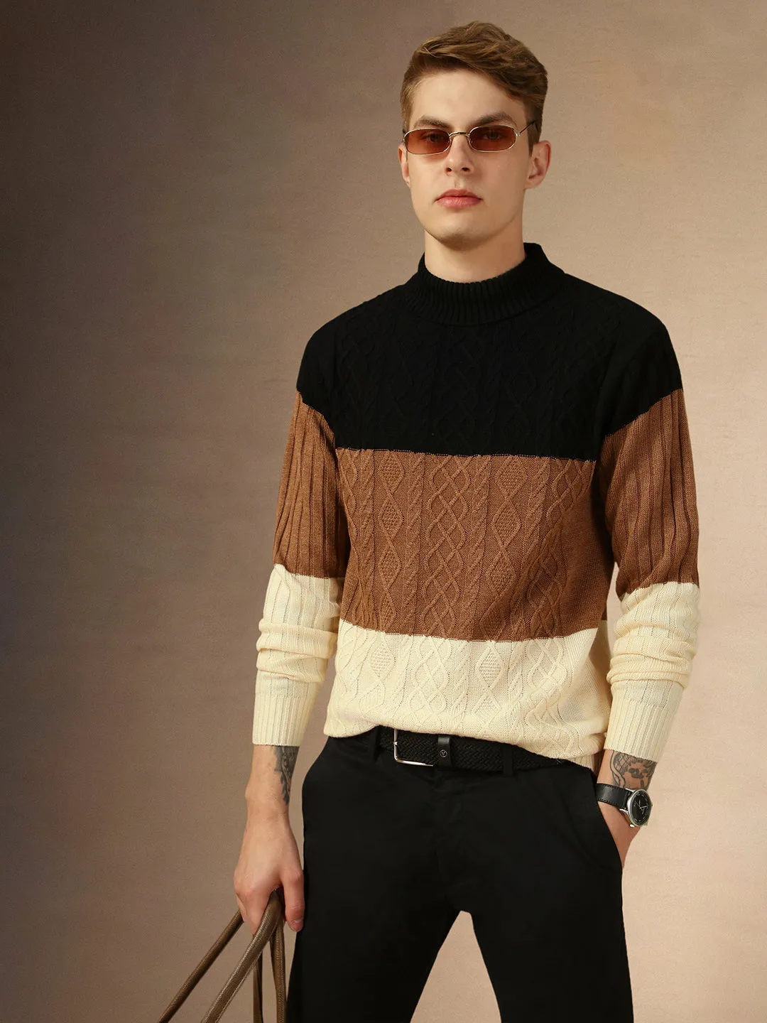 Men's Beige Crew Neck Full Sleeves Slim Fit Pullover Sweater