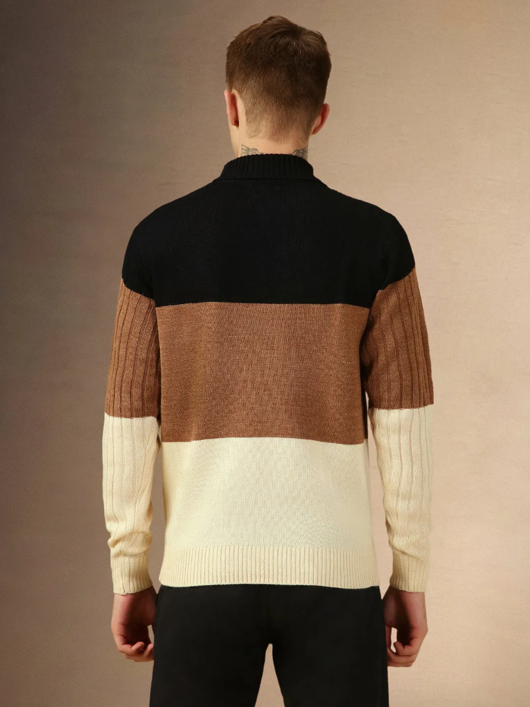 Men's Beige Crew Neck Full Sleeves Slim Fit Pullover Sweater