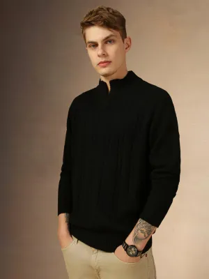 Men's Black Mock Neck Full Sleeves Slim Fit Pullover Sweater