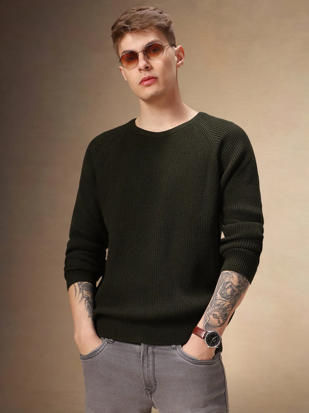 Men's Olive Round Neck Full Sleeves Pullover Sweater