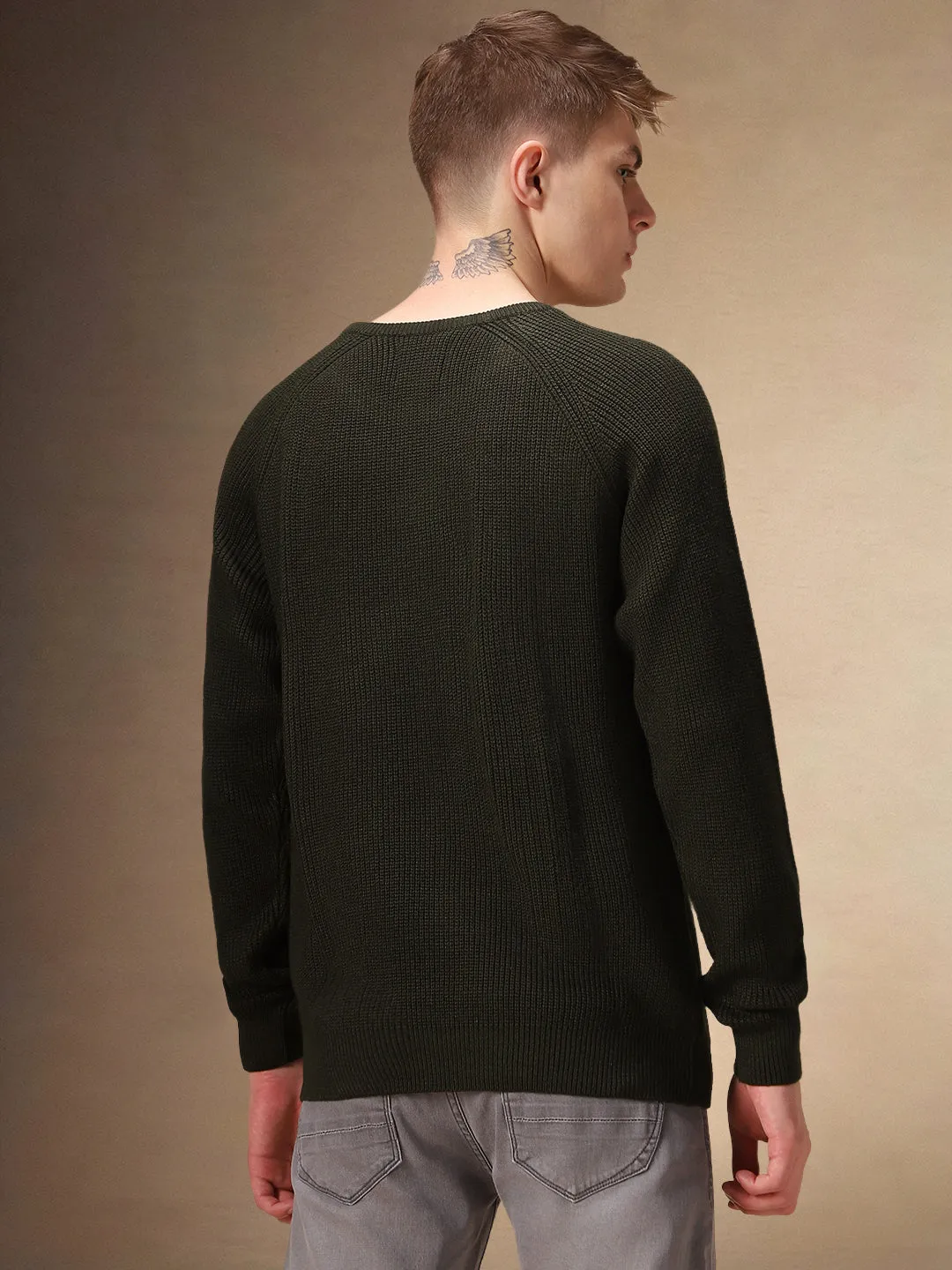 Men's Olive Round Neck Full Sleeves Pullover Sweater