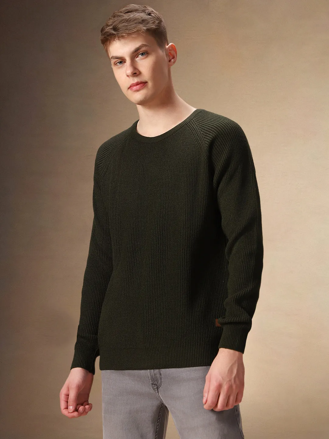 Men's Olive Round Neck Full Sleeves Pullover Sweater