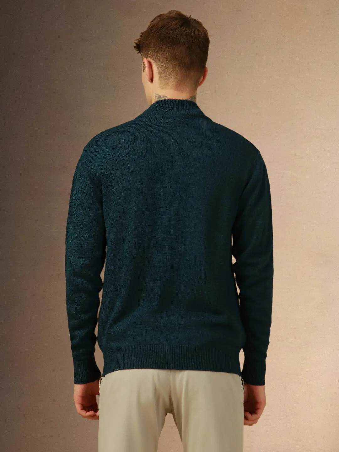 Men's Teal Mock Neck Full Sleeves Slim Fit Pullover Sweater